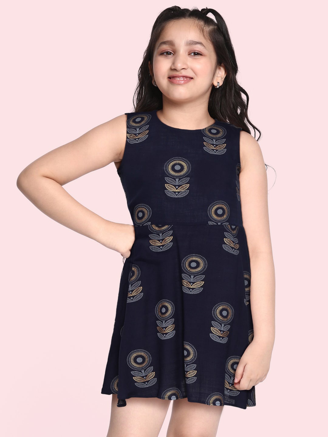 

abof Girls Navy Blue Ethnic Motifs A-Line Dress