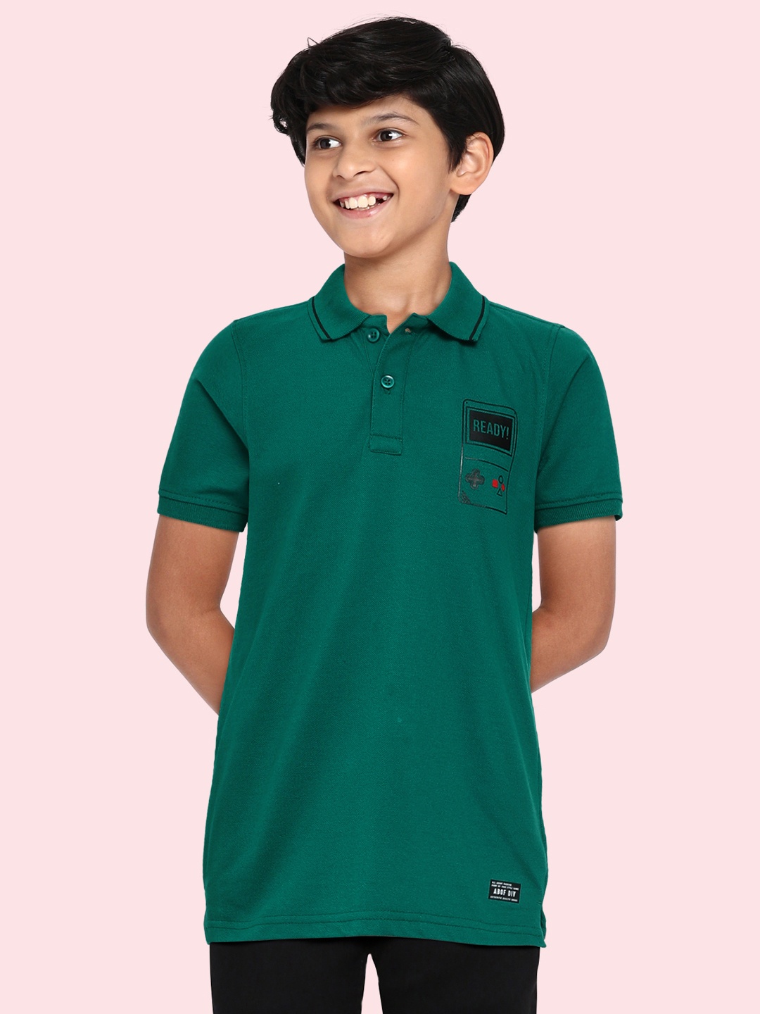 

abof Boys Dark Green Solid Polo Collar Regular Sleeves Applique Regular Fit T-shirt