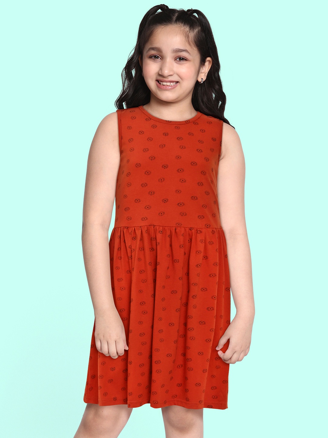 

abof Orange Printed Pure Cotton Fit & Flare Dress