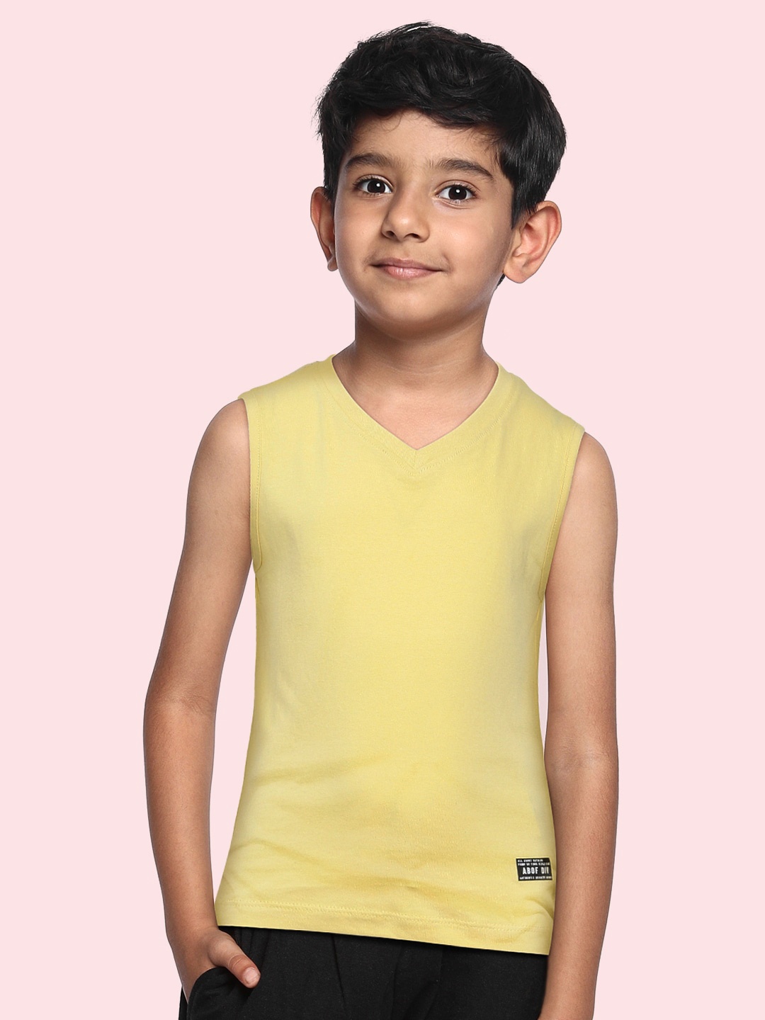 

abof Boys Peach Pink & Yellow Pack Of 2 Solid V-Neck Pure Cotton Regular Fit Tank T-shirt