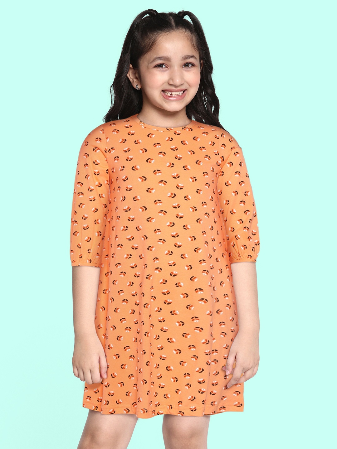 

abof Girls Peach-Coloured Printed Pure Cotton A-Line Dress, Multi