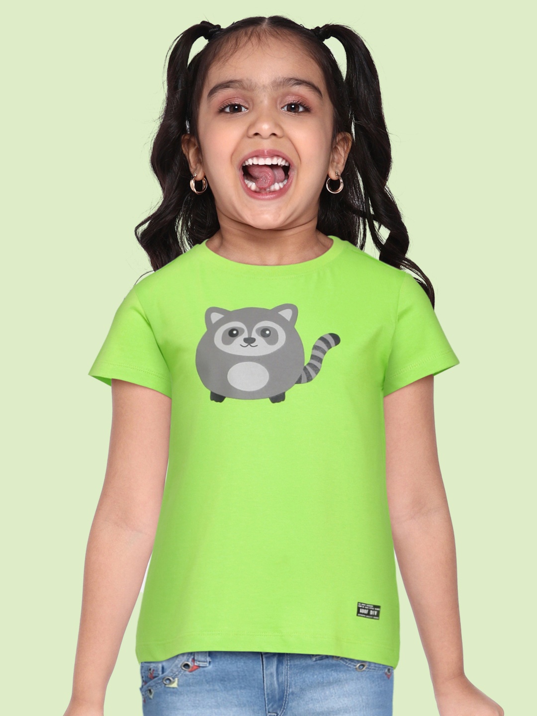 

abof Girls Lime Green & Grey Conversational Printed Pure Cotton T-shirt