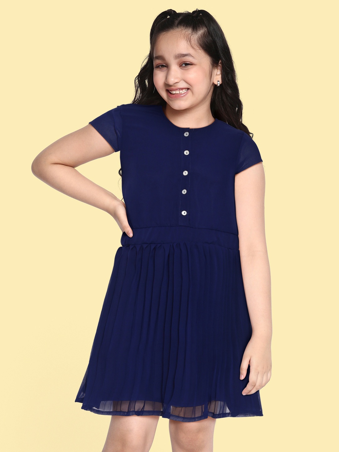 

abof Girls Blue Gathered and Pleated Dress