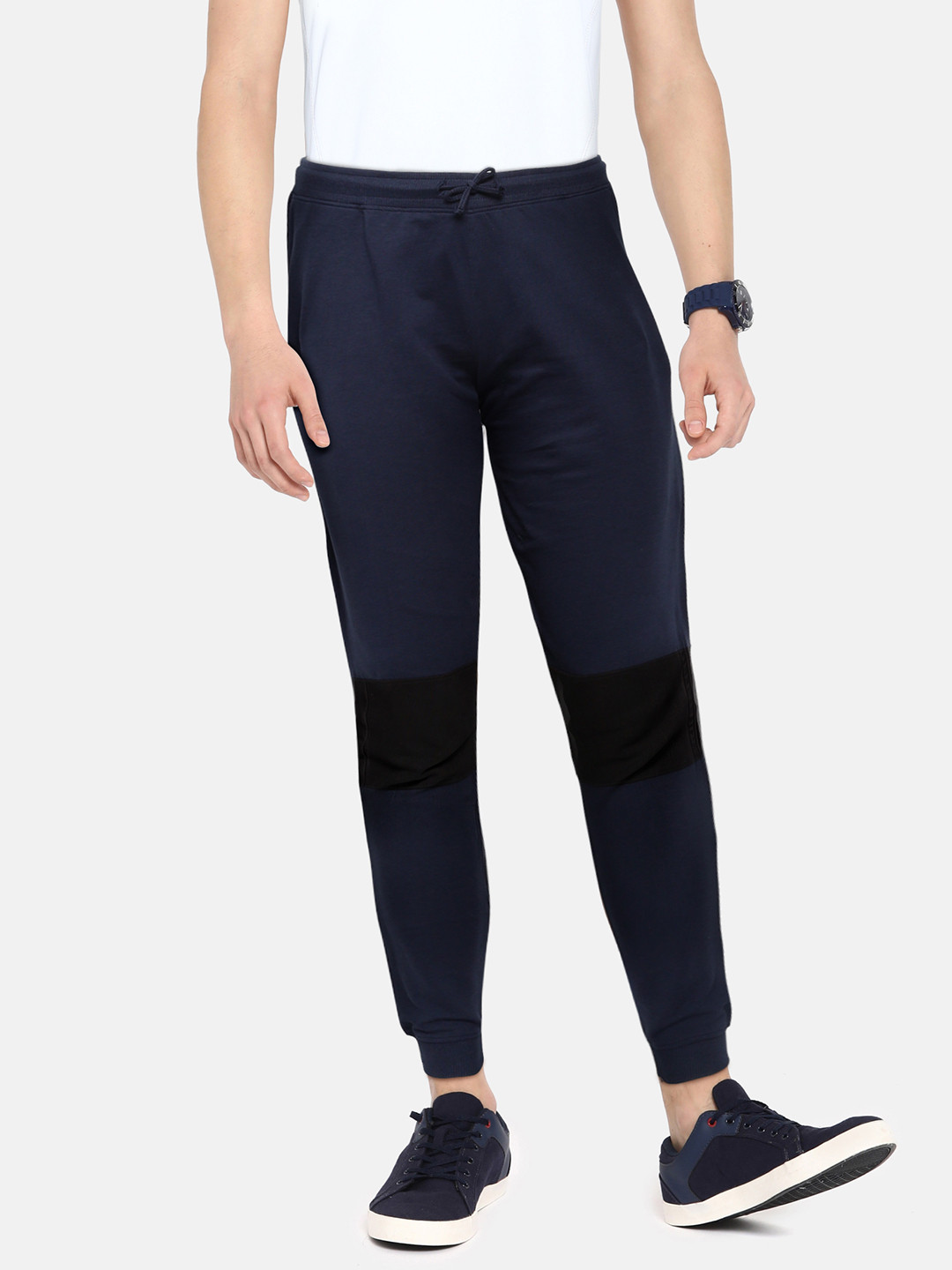 

abof Boys Navy Blue & Black Solid Cut & Sew Pure Cotton Joggers with Knee Panelling