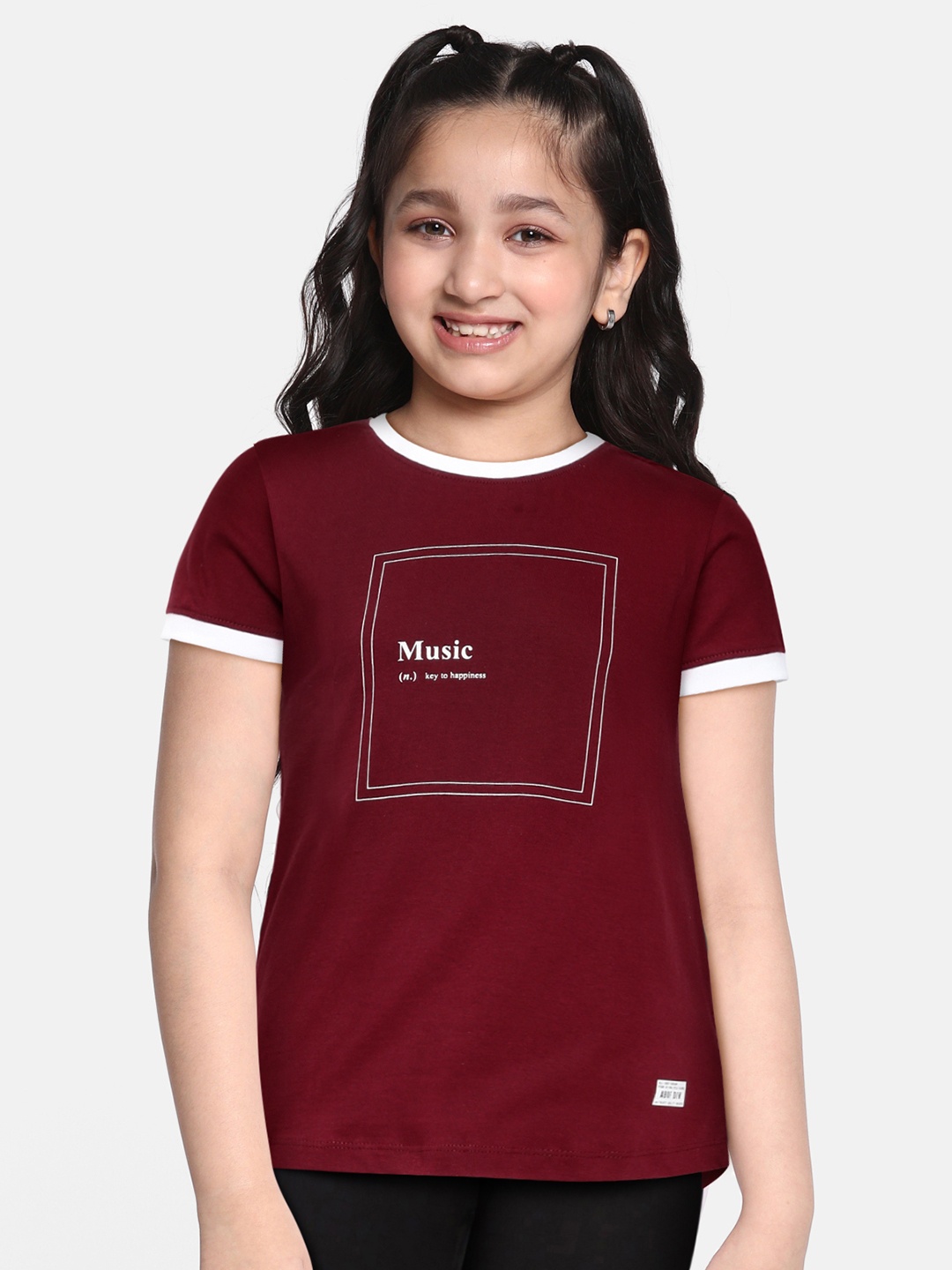 

abof Girls Burgundy & White Typography Printed Pure Cotton T-shirt