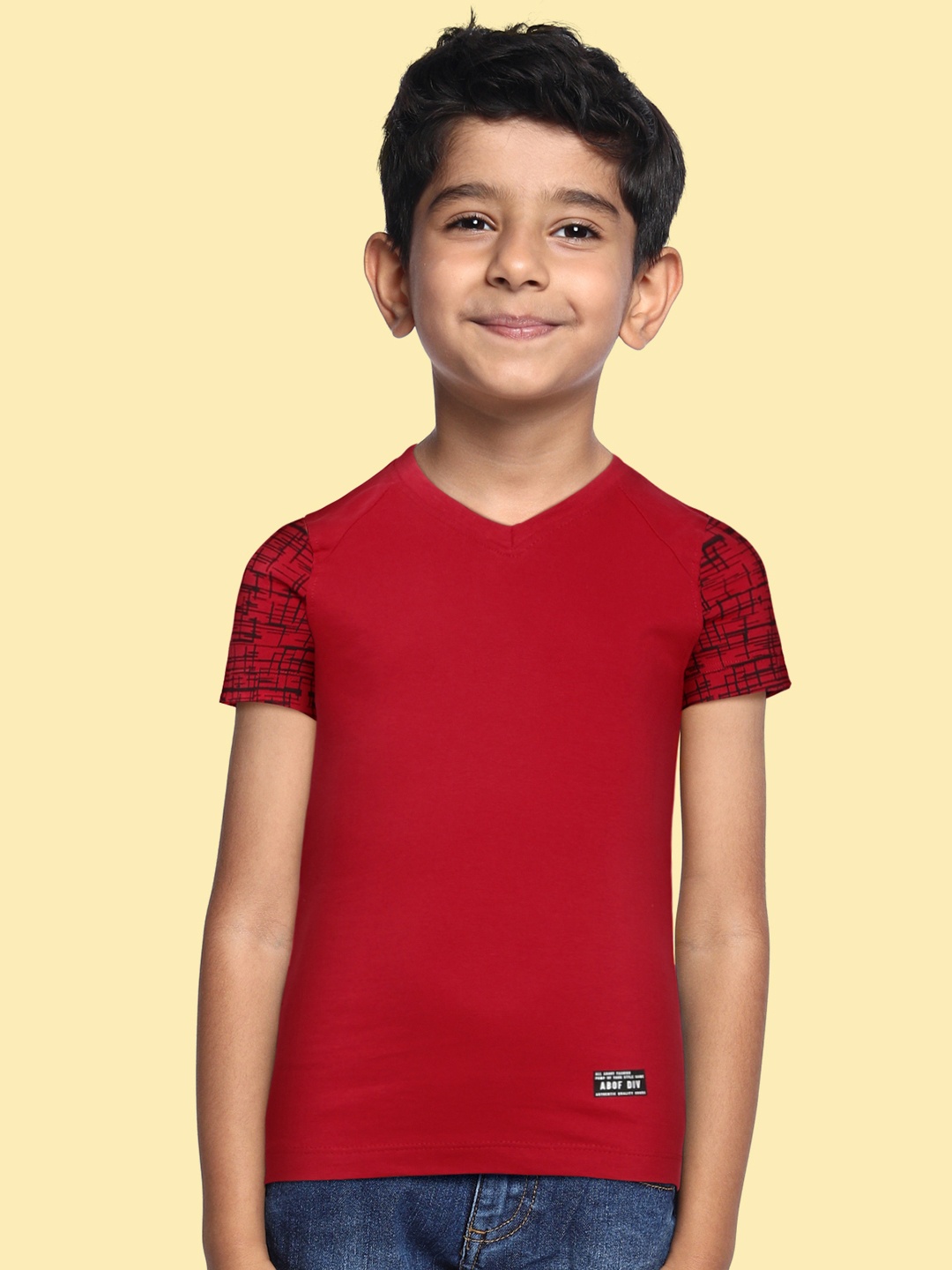 

abof Boys Red V-Neck Pure Cotton T-shirt