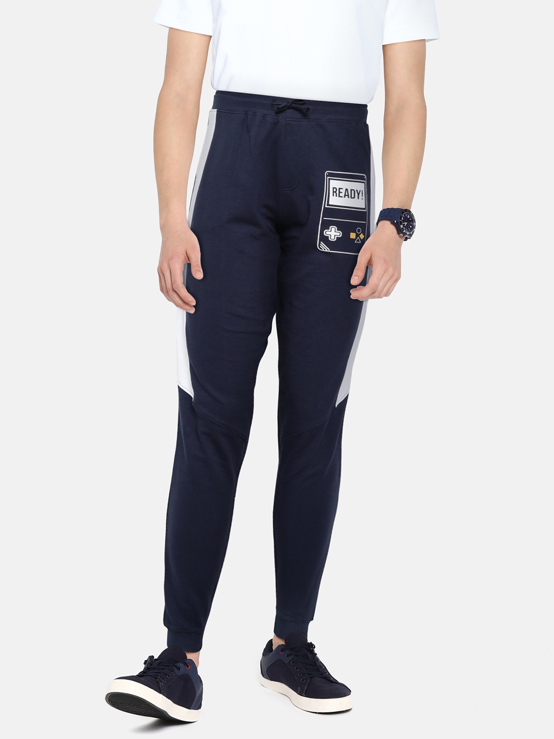 

abof Boys Navy Blue & White Solid Cut & Sew Pure Cotton Joggers with Printed Detail