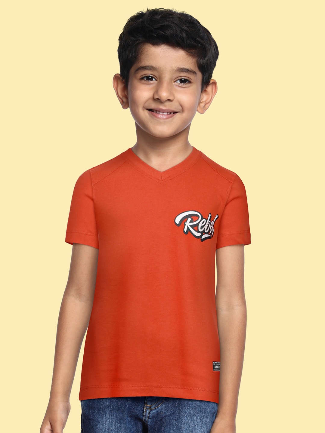 

abof Boys Orange Typography Printed V-Neck Pure Cotton T-shirt