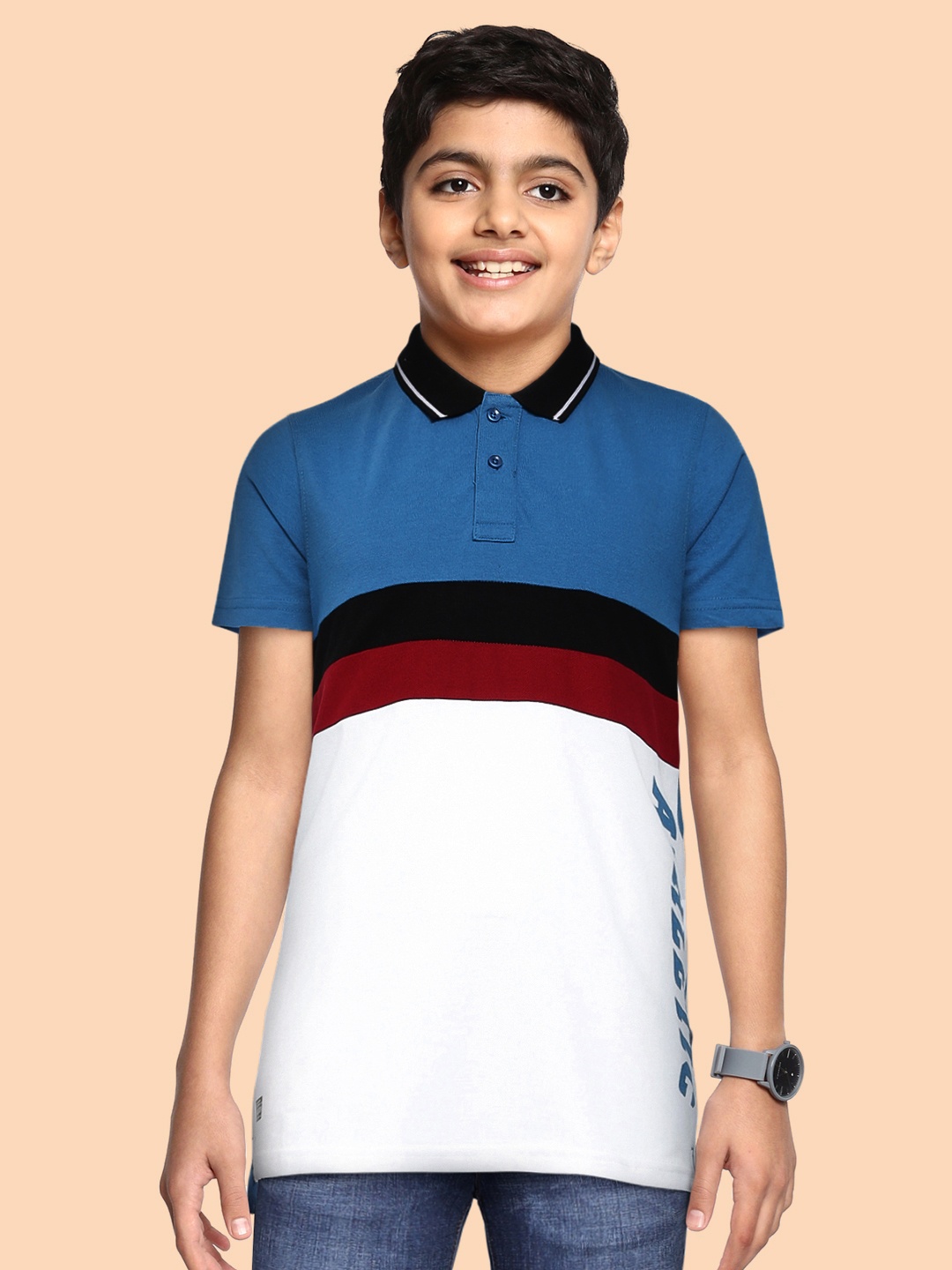 

abof Boys Blue & White Colourblocked Polo Collar T-shirt