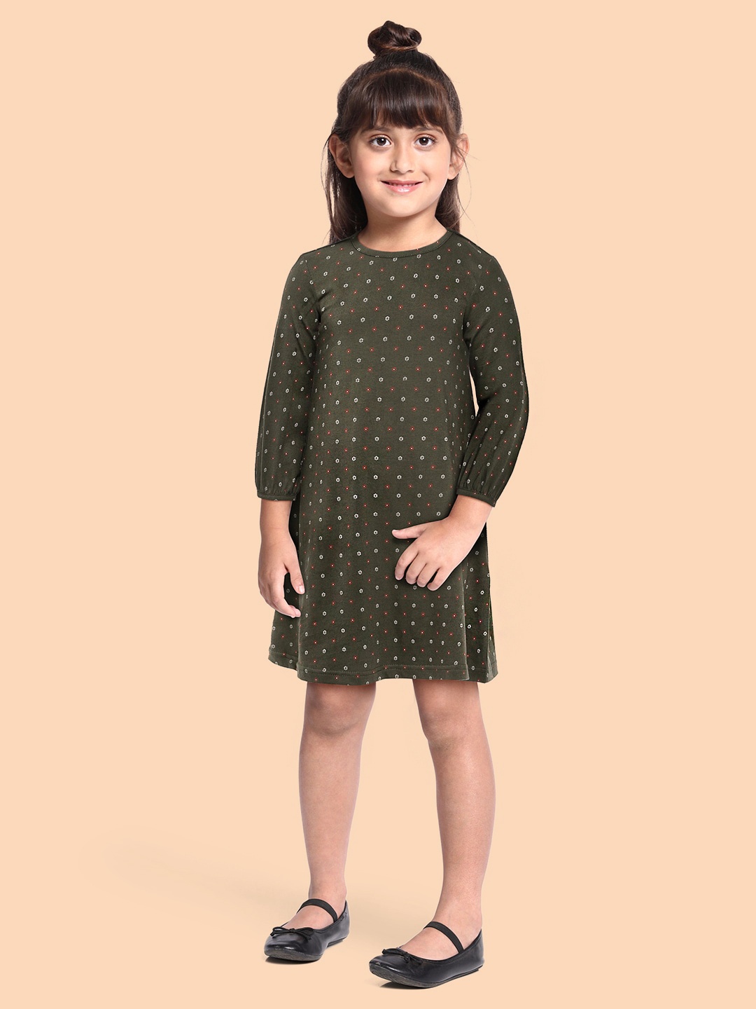 

abof Girls Olive Green Printed Pure Cotton A-Line Dress