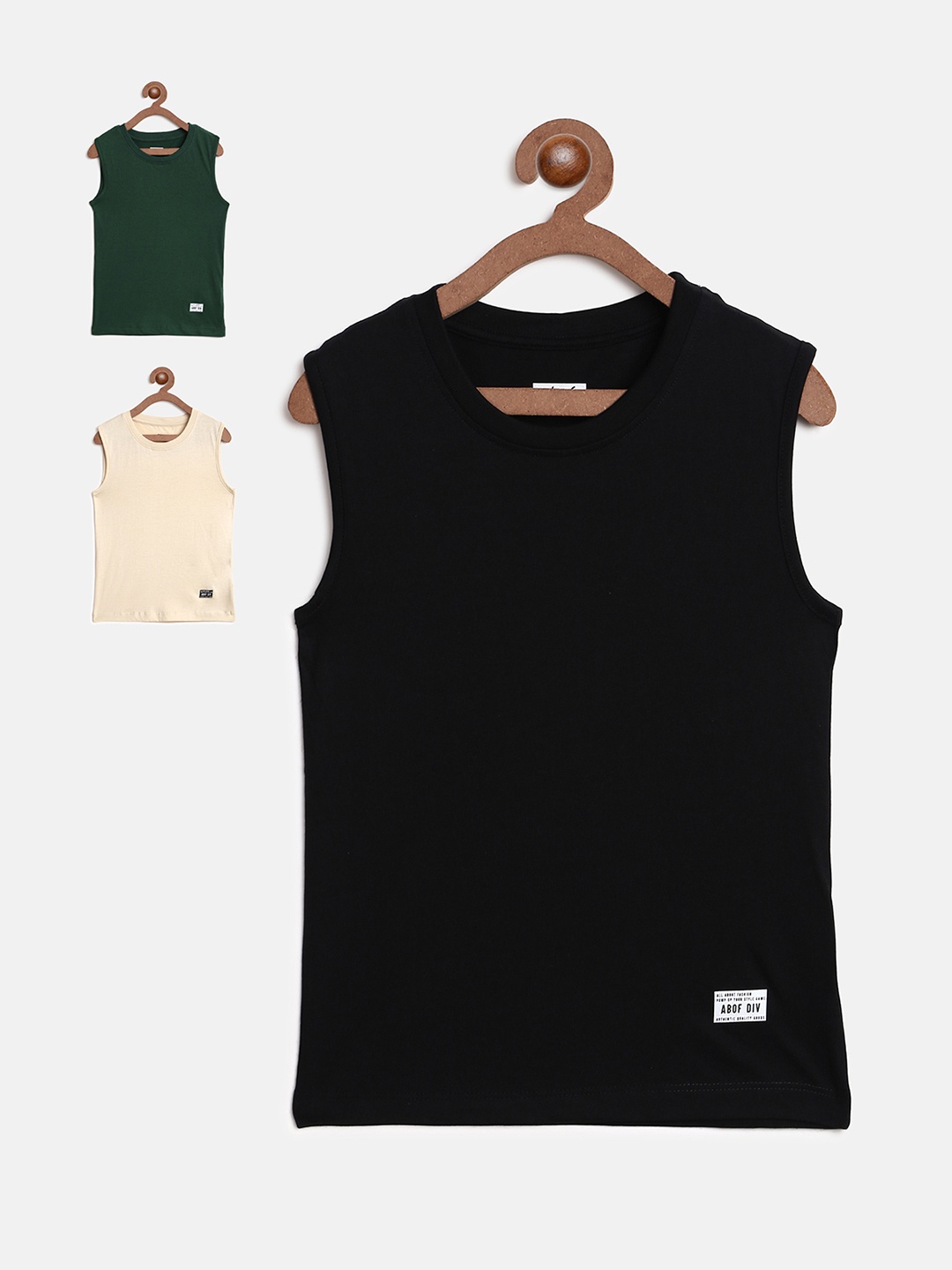 

abof Boys Green & Black Pack Of 3 Solid Round Neck Pure Cotton Tank T-shirt