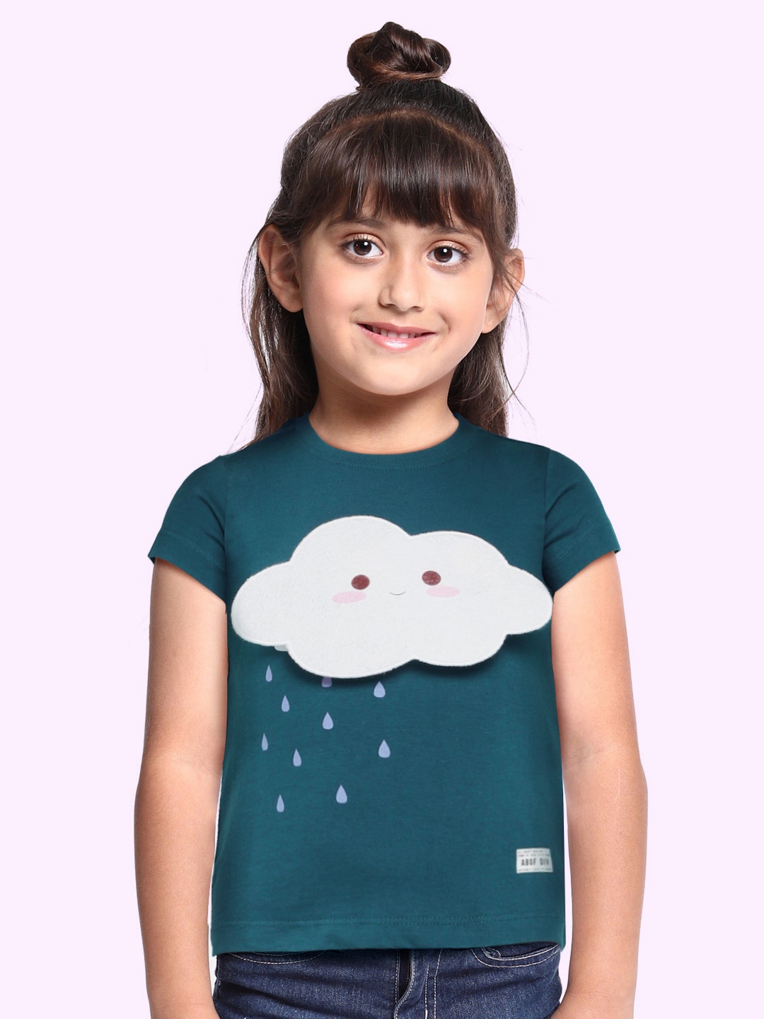 

abof Girls Teal Printed Interactive Pure Cotton Applique T-shirt