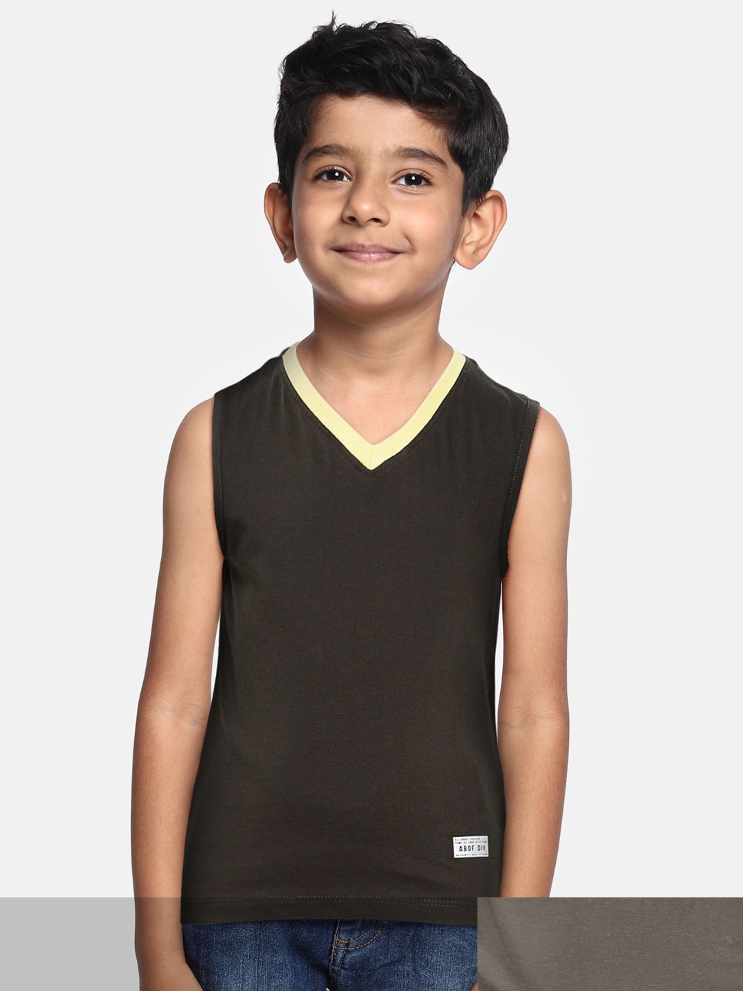 

abof Boys Black & Olive Green Pack Of 2 Solid V-Neck Pure Cotton Tank T-shirt