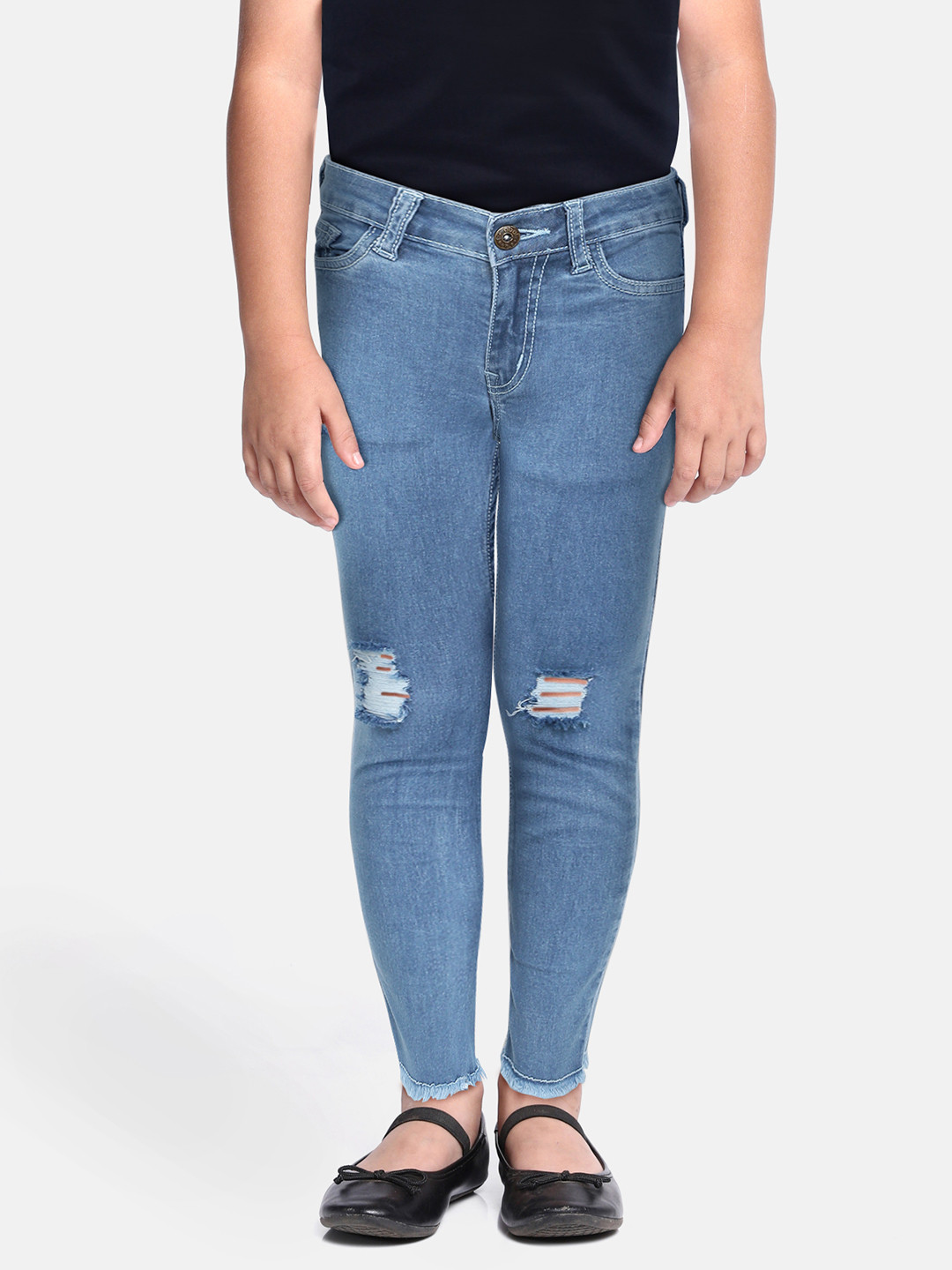 

abof Girls Blue Slim Fit Distressed Heavy Fade Stretchable Jeans With Frayed Hem