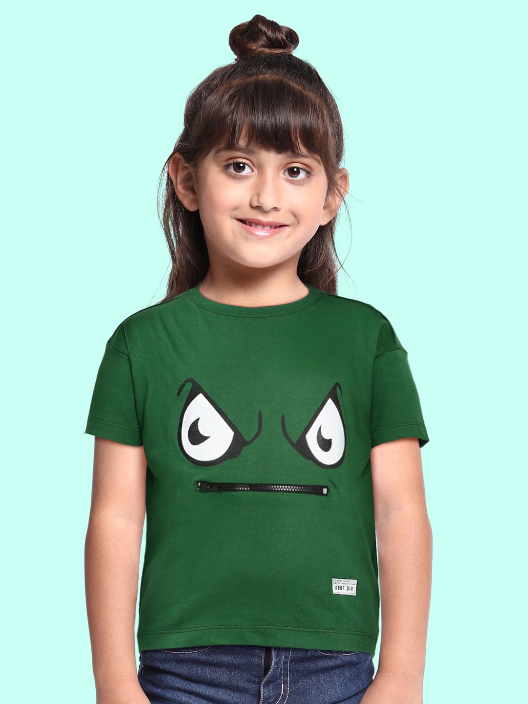 

abof Girls Green Printed Interactive Pure Cotton T-shirt