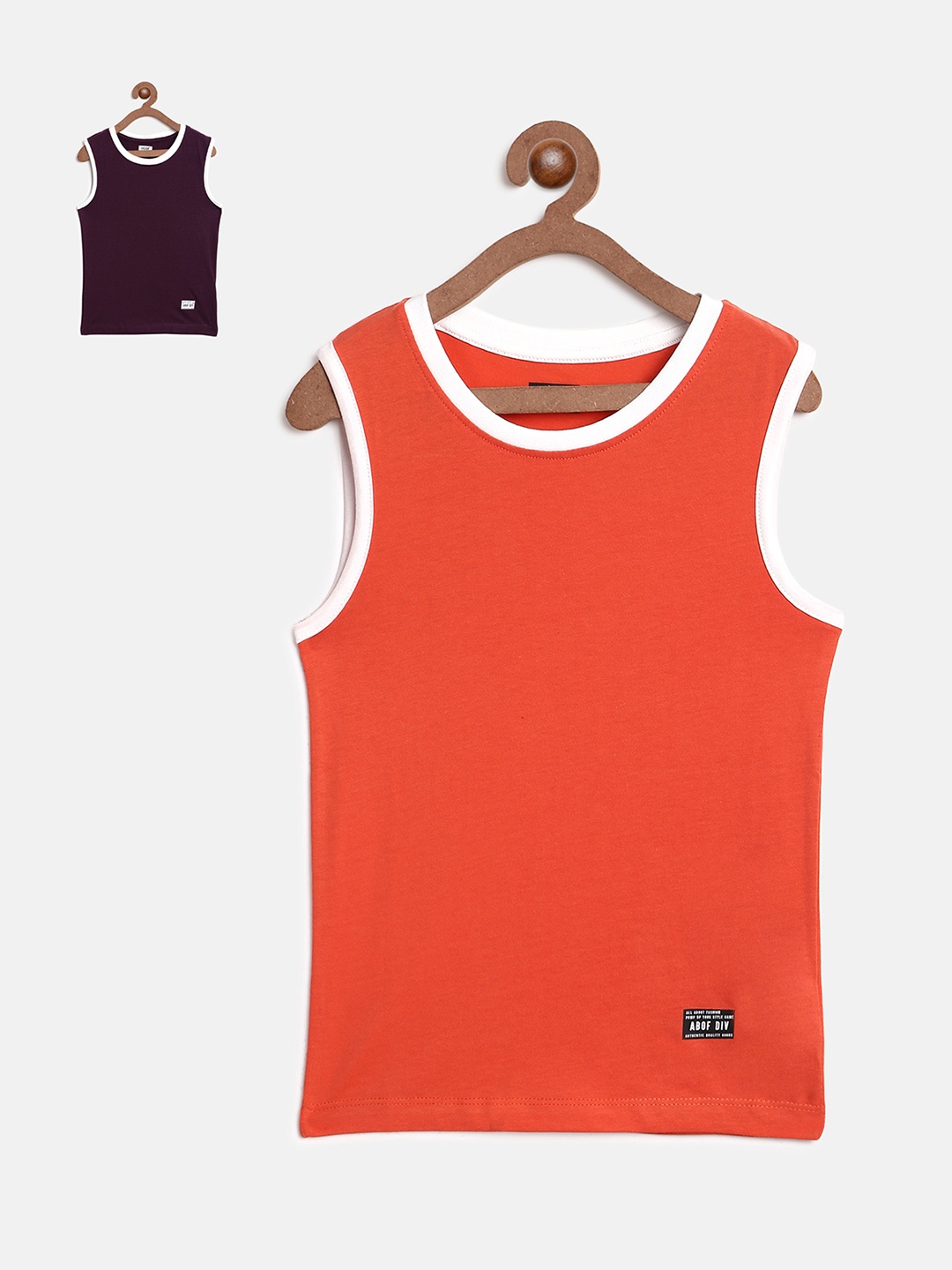 

abof Boys Orange & Burgundy Pack Of 2 Solid Round Neck Pure Cotton Tank T-shirt