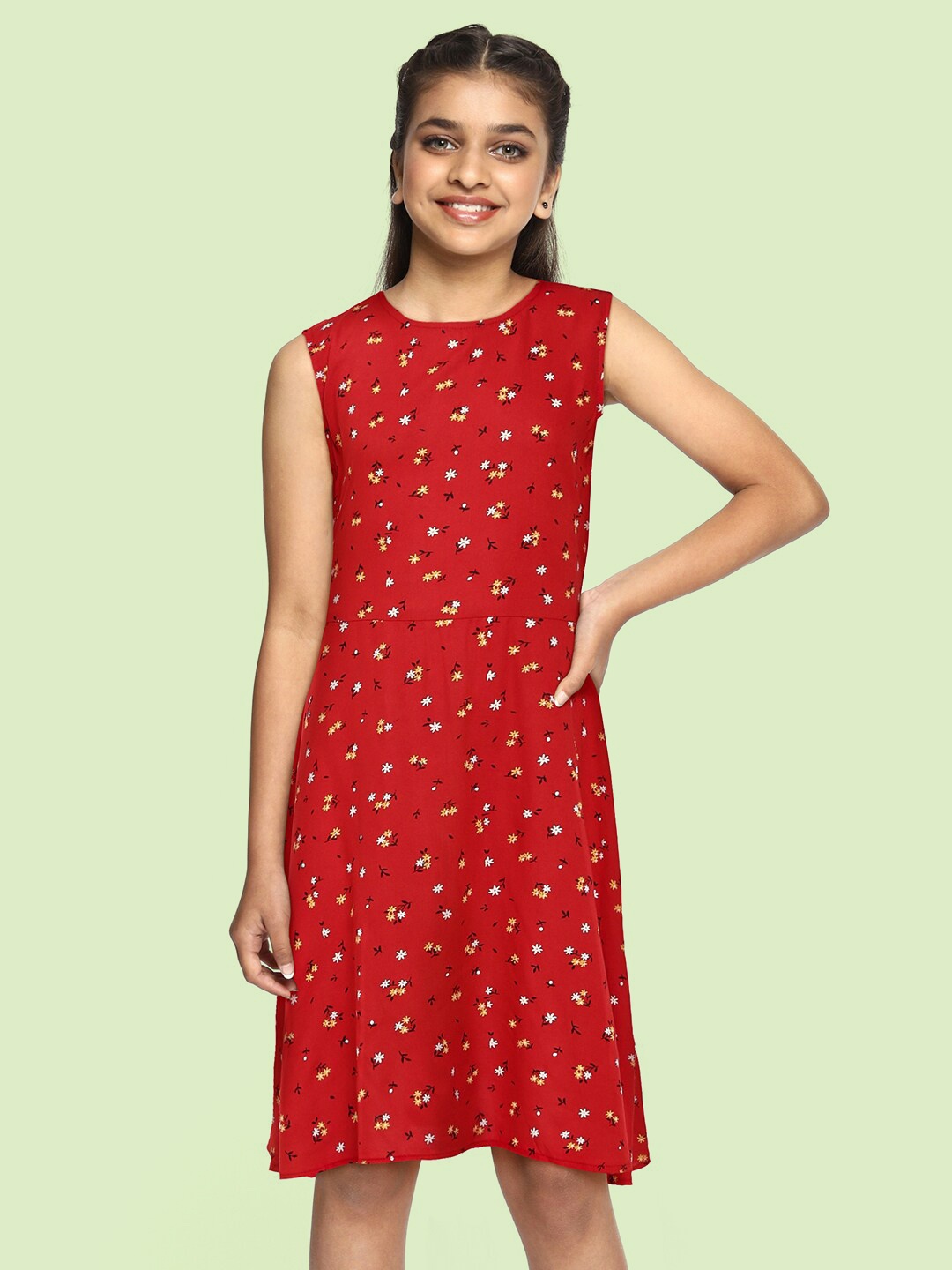 

abof Girls Red Floral Print Round Neck Fit & Flare Knee Length Dress