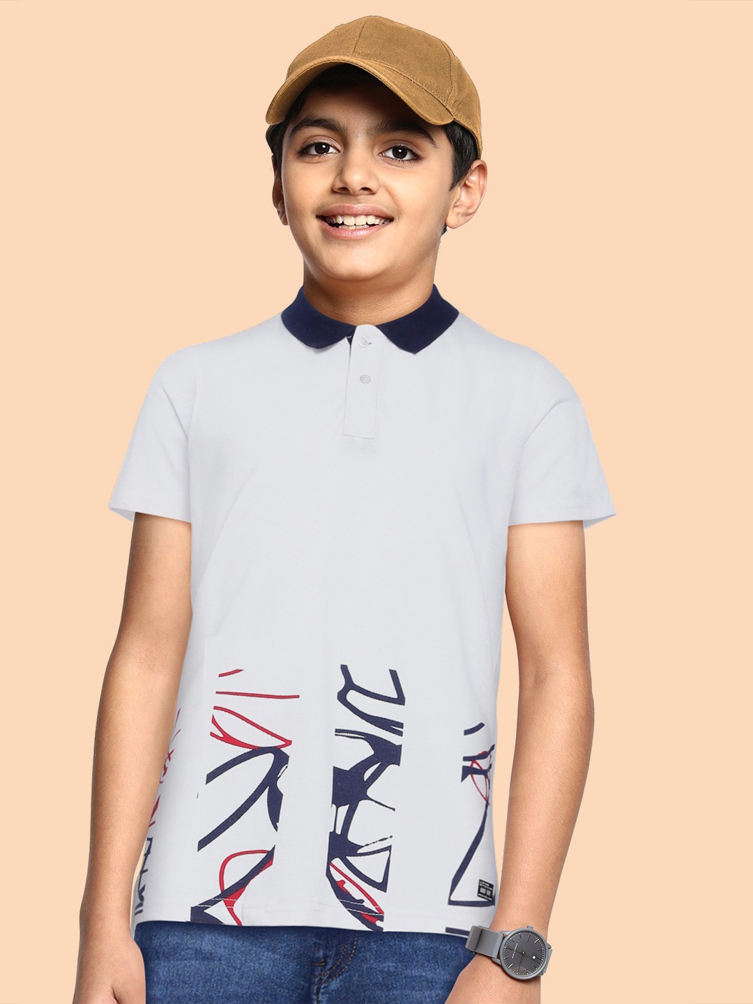 

abof Boys White Printed Polo Collar T-shirt