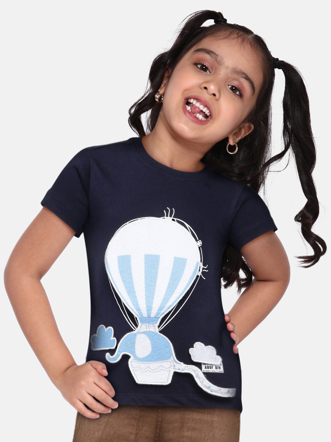 

abof Girls Navy Blue Printed Pure Cotton T-shirt