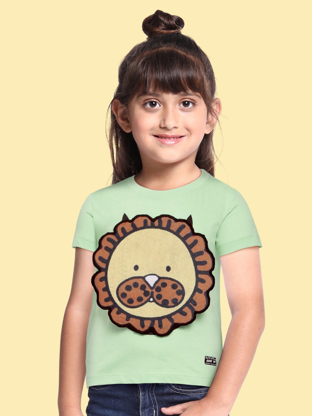 

abof Girls Mint Green Printed Interactive Pure Cotton Applique T-shirt