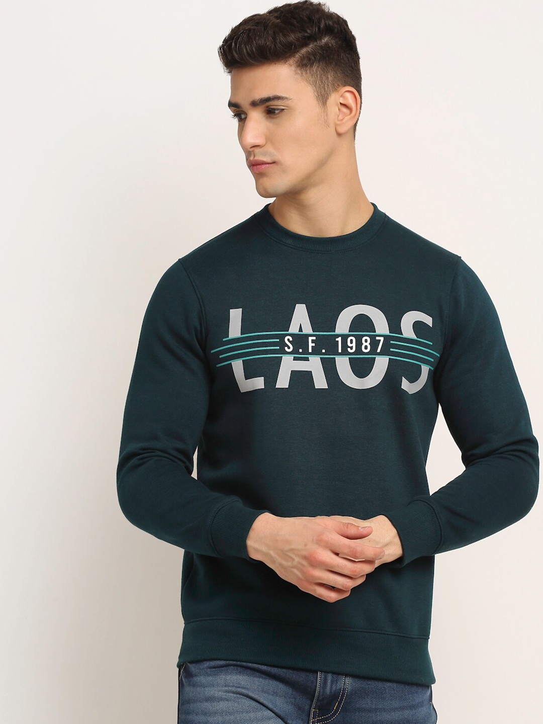 

Rodamo Men Teal Blue Printed Fleece Sweatshirt