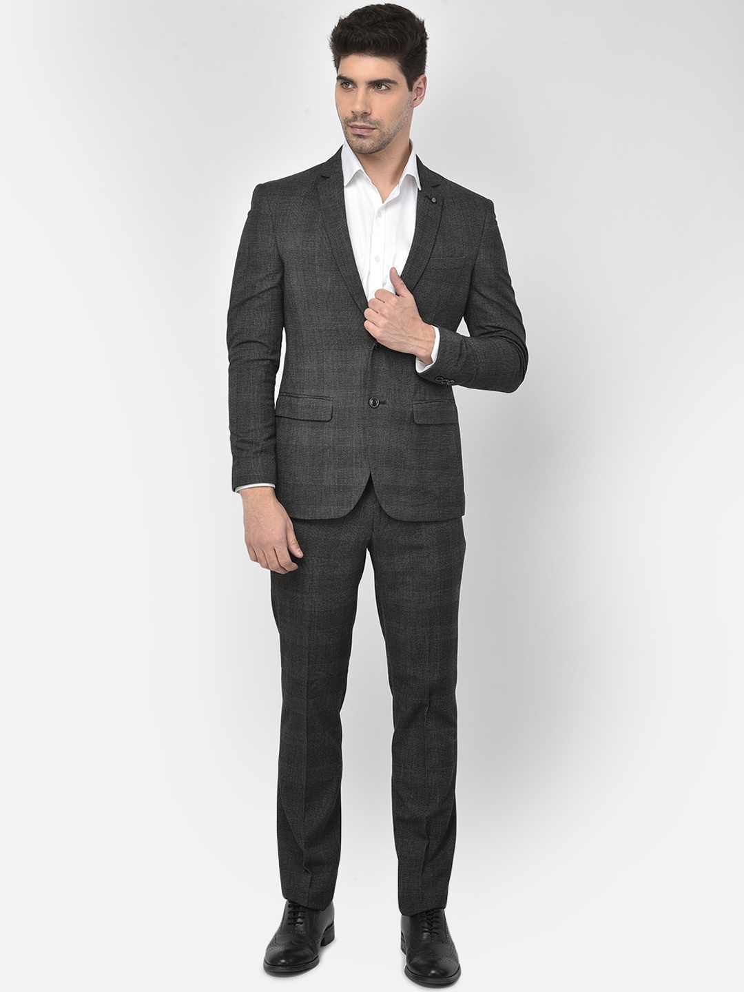 

Crimsoune Men Grey & White Checked Slim Fit Single-Breasted 2-Piece Casual Suit