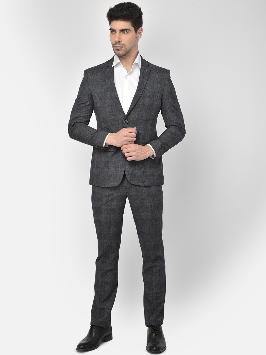 

Crimsoune Club Men Grey Checked Single-Breasted Slim Fit 2-Piece Formal Suit