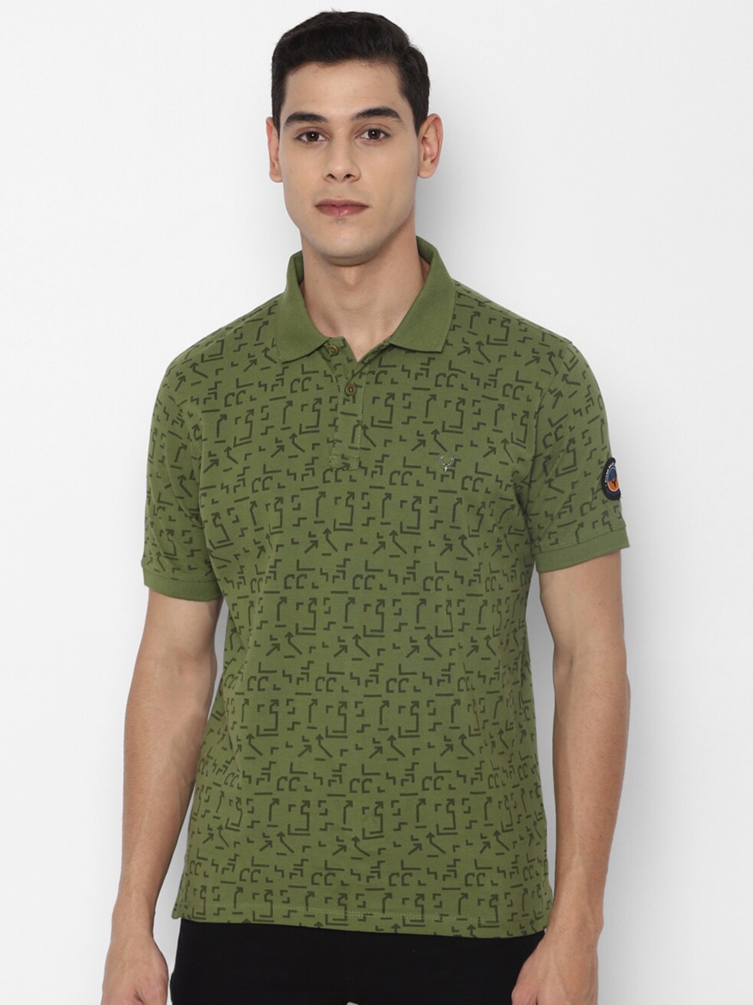 

Allen Solly Sport Men Olive Green Geometric Printed Polo Collar Cotton T-shirt