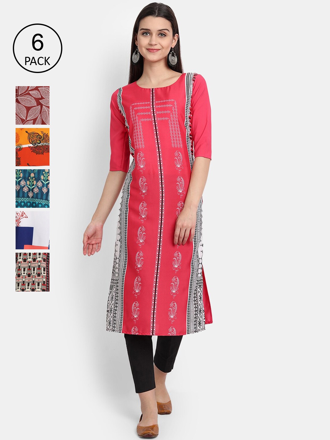 

7Threads Women Pack Of 6 Printed Crepe Kurtas, Pink