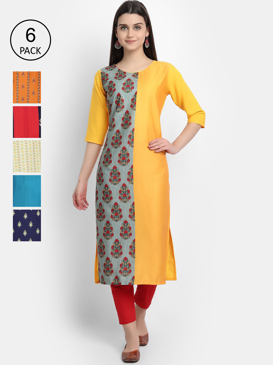 

7Threads Women Pack of 6 Printed Crepe Kurtas, Yellow