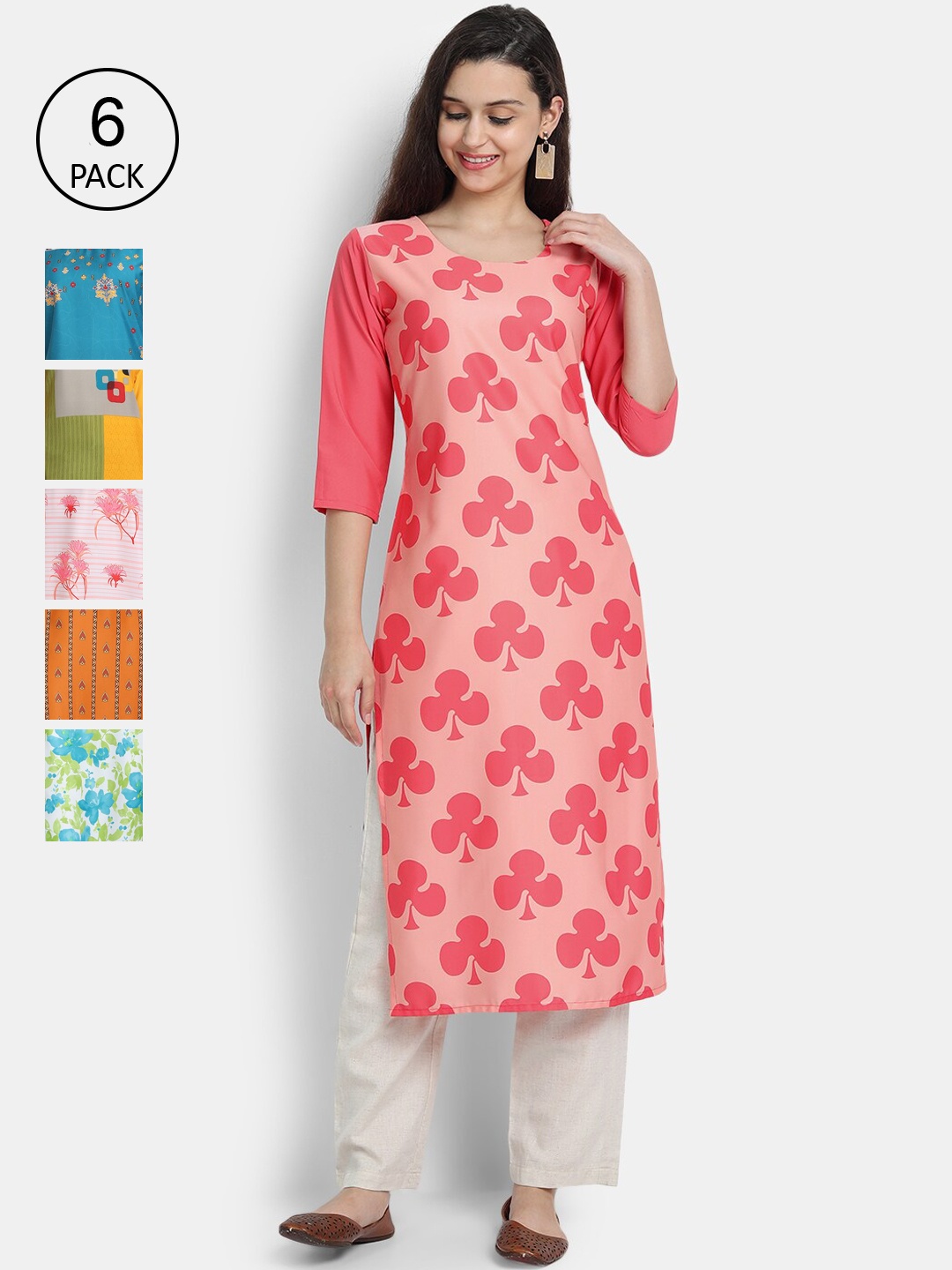 

7Threads Women Pack Of 6 Floral Printed Crepe Kurta, Multi