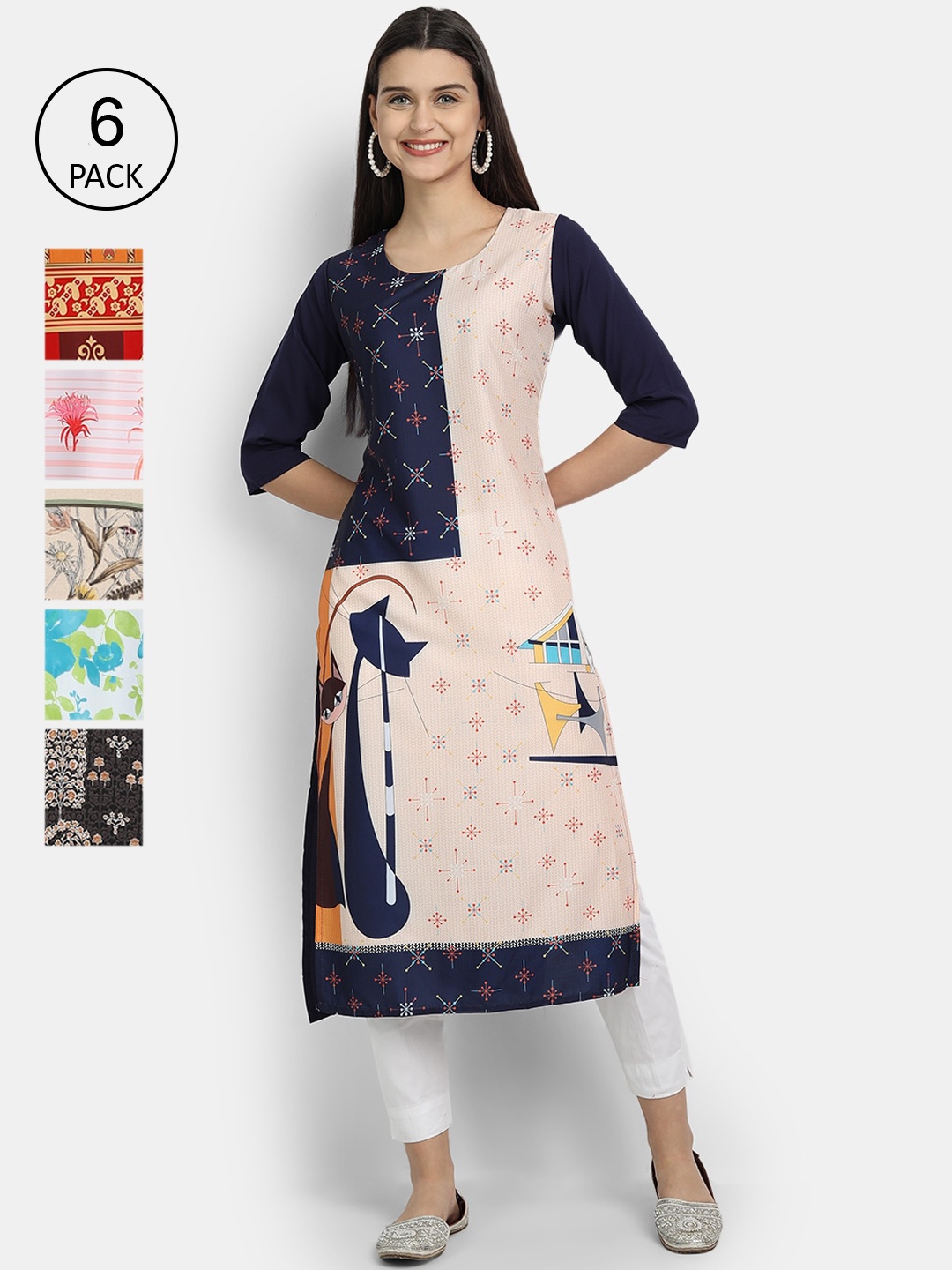 

7Threads Women Pack of 6 Floral Printed Crepe Kurta, Multi