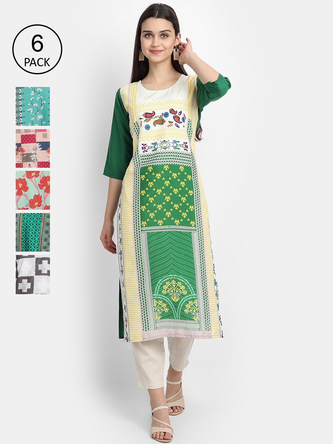 

7Threads Women Pack of 6 Ethnic Motifs Digital Printed Straight Crepe Kurtas, Multi