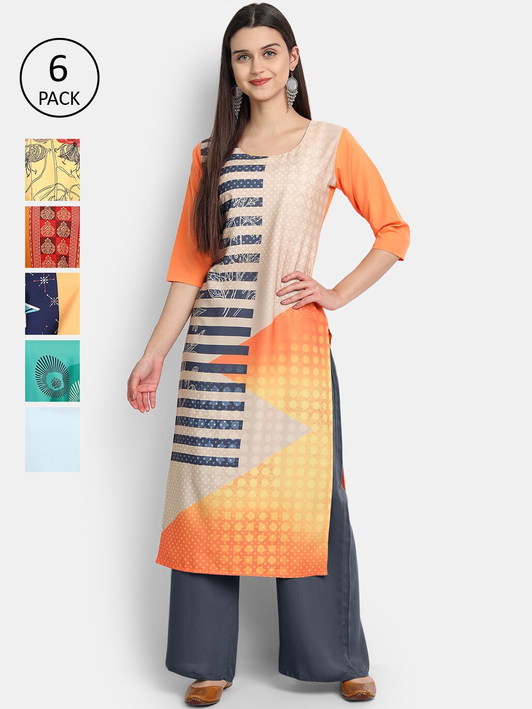 

7Threads Women Multicoloured Pack of 6 Printed Extended Sleeves Crepe Kurta, Multi