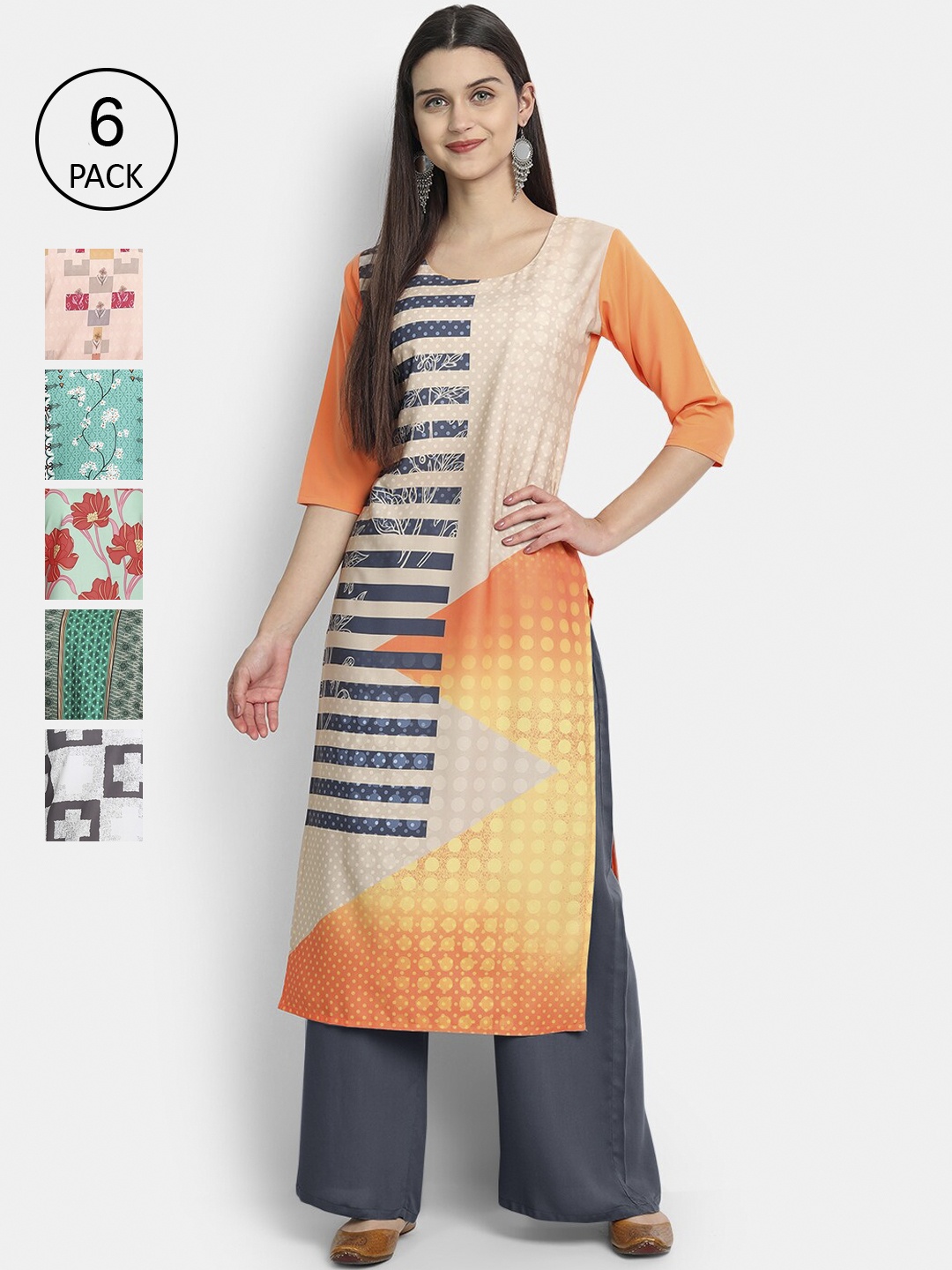 

7Threads Women Pack Of 6 Multicoloured Printed Sleeves Crepe Kurtas, Multi