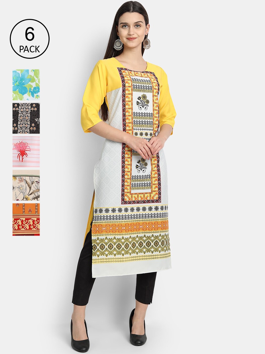 

7Threads Women Pack Of 6 Printed Crepe Kurtas, Yellow