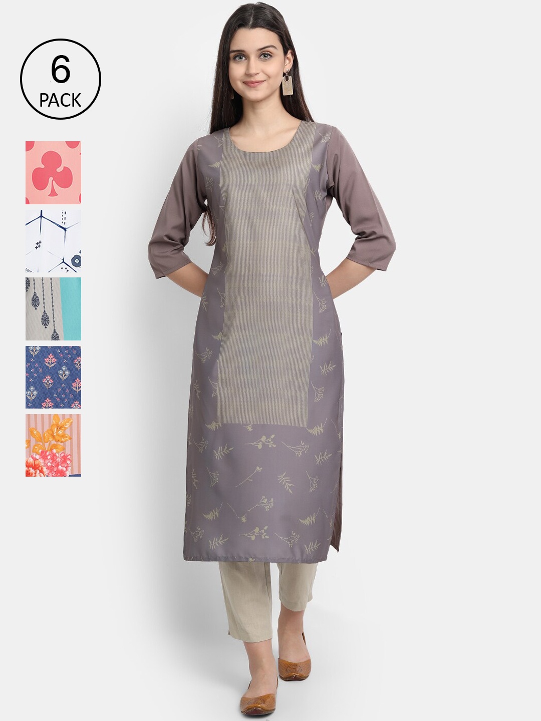 

7Threads Women Multicoloured Pack Of 6 Work Crepe Kurta, Multi