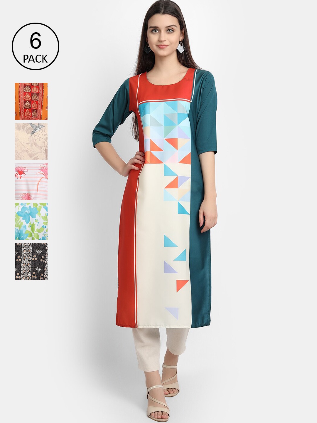 

7Threads Women Multicoloured Pack of 6 Printed Thread Work Crepe Kurta, Multi