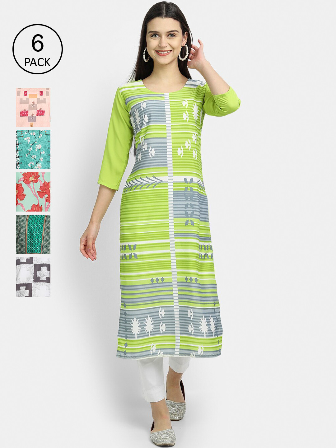 

7Threads Women Multicoloured & wild lime Ethnic Motifs Printed Flared Sleeves Mirror Work Crepe Kurta, Multi