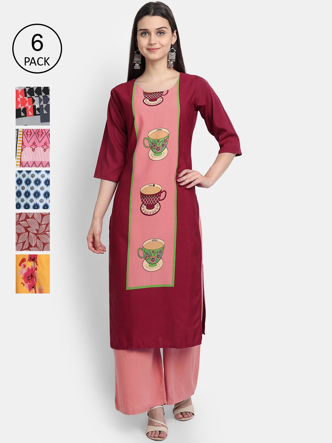 

7Threads Women Pack Of 6 Ethnic Motifs Printed Crepe Kurta, Multi