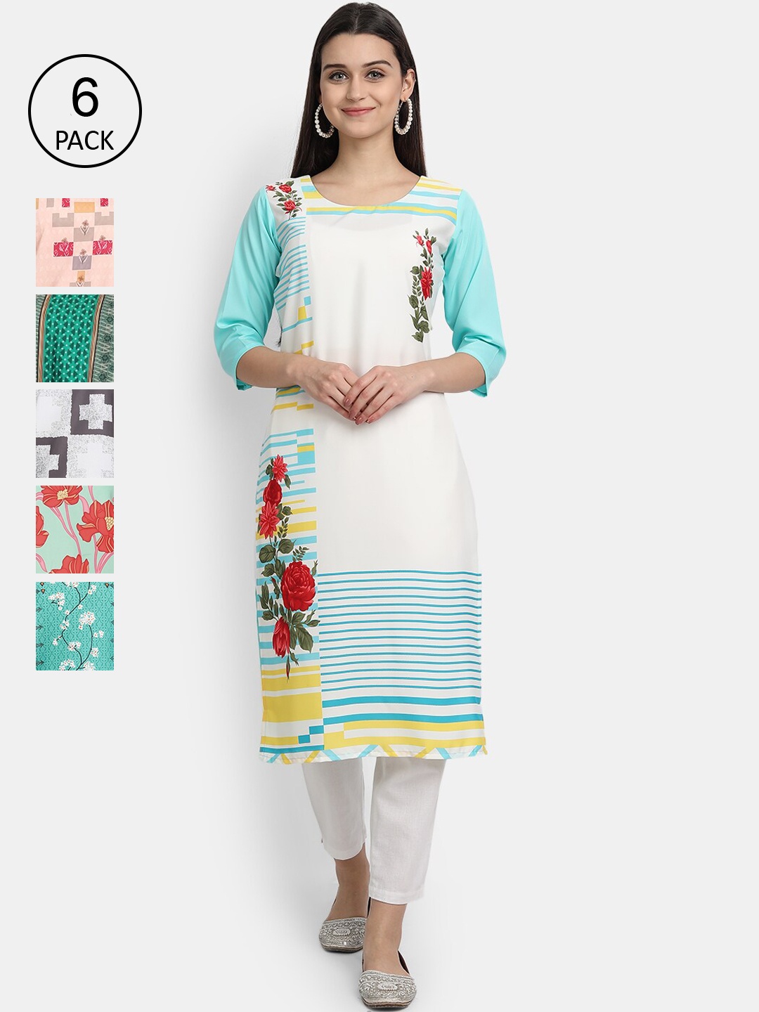 

7Threads Women Pack Of 6 Floral Printed Crepe Kurta, Multi