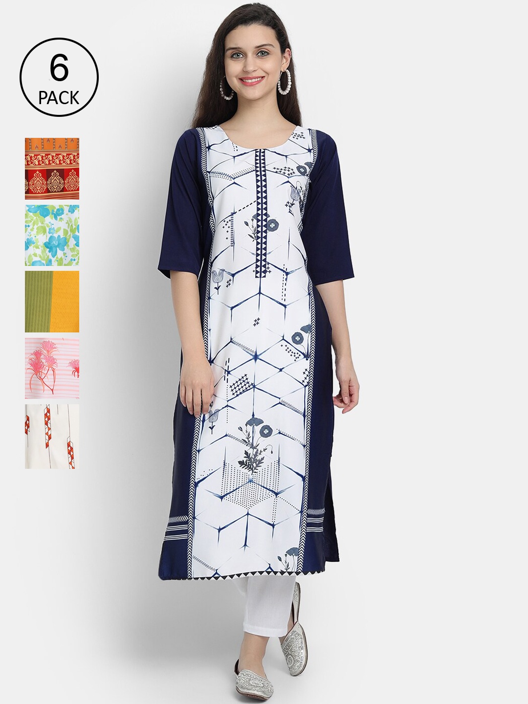 

7Threads Women Pack Of 6 Printed Crepe Kurta, Multi