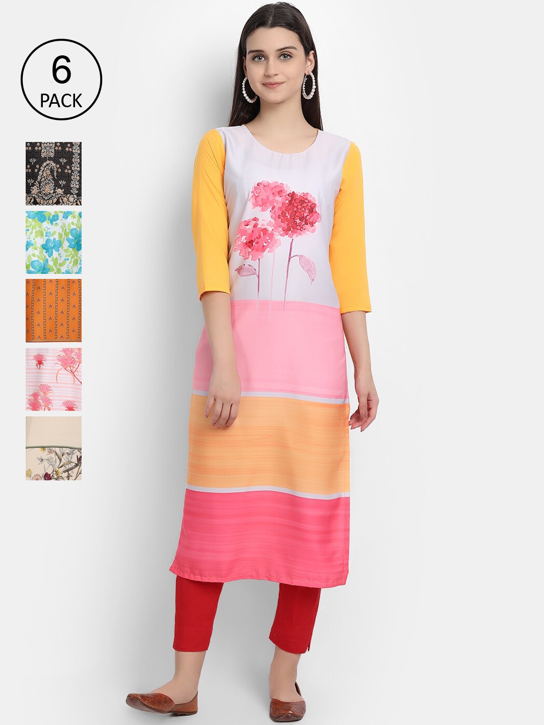 

7Threads Women Pack of 6 Ethnic Motifs Printed Crepe Kurta, Multi