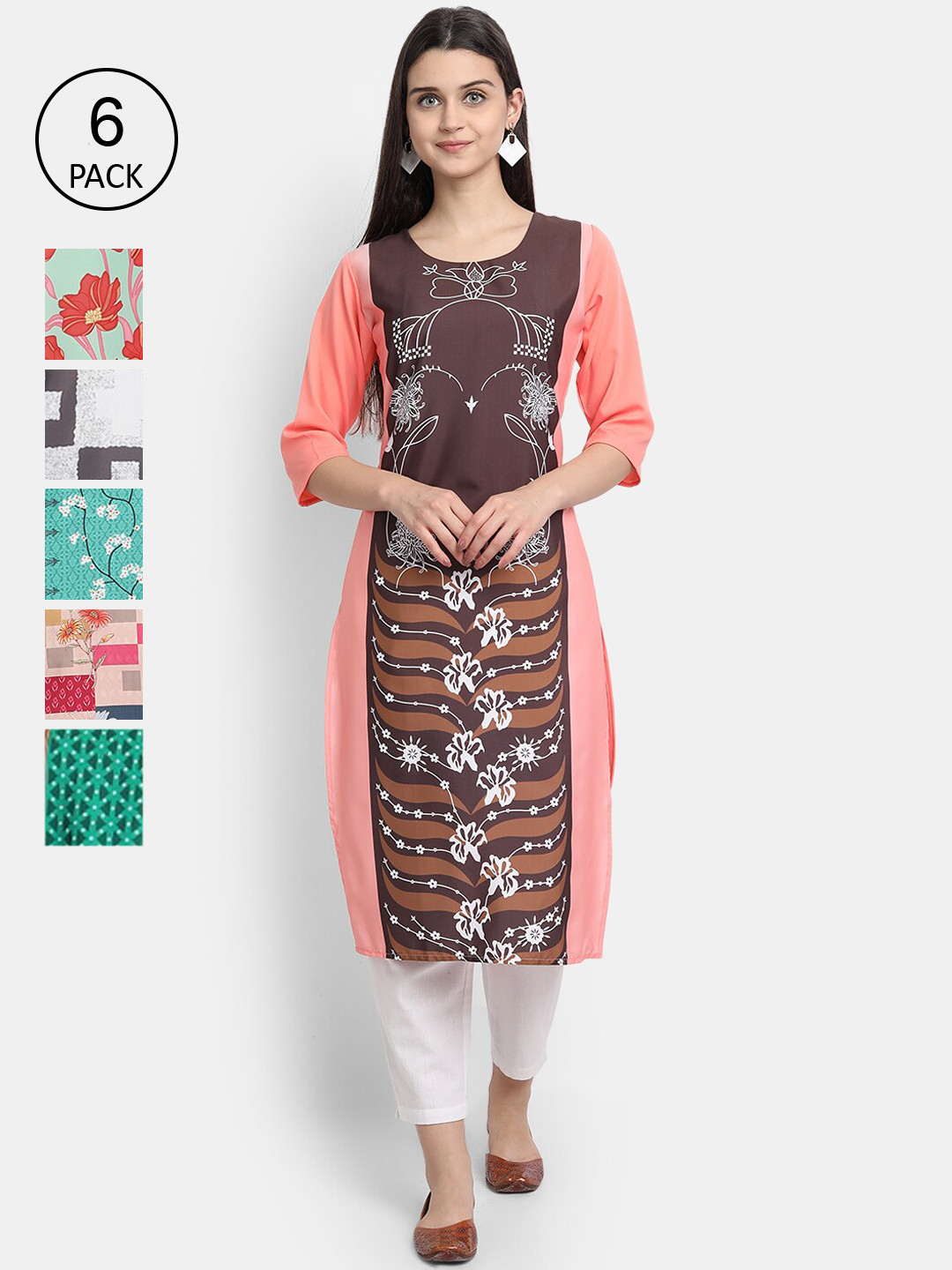 

7Threads Women Pack Of 6 Multicoloured Floral Printed Crepe Kurtas, Multi