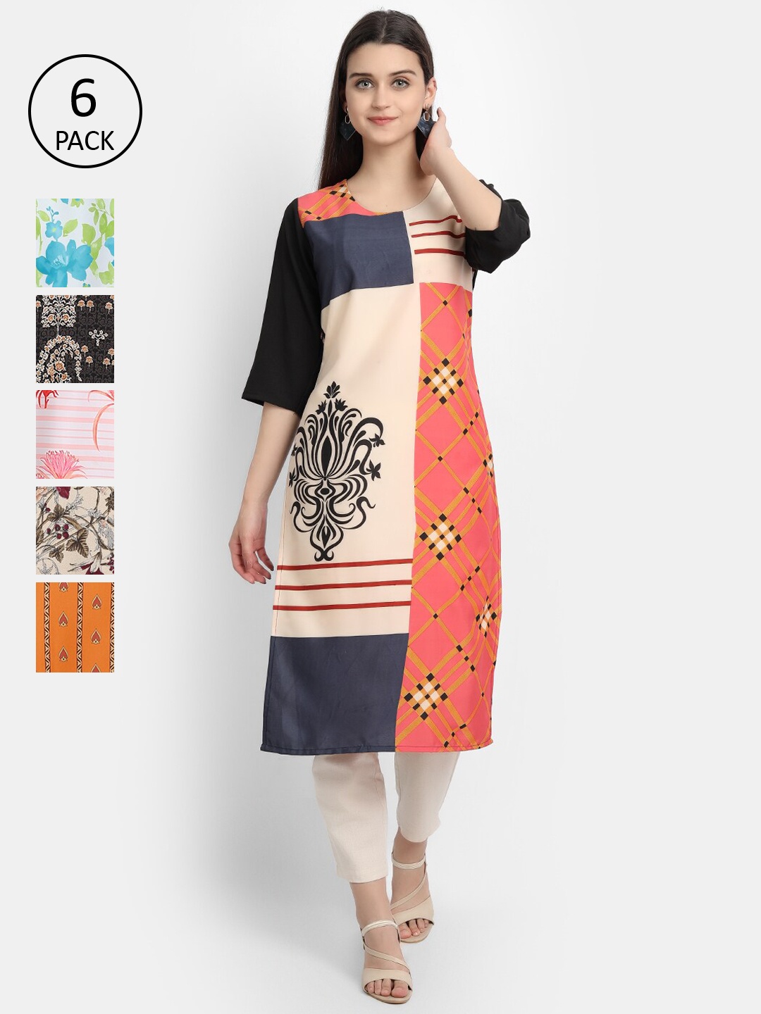 

7Threads Women Pack Of 6 Ethnic Motifs Printed Crepe Kurta, Multi