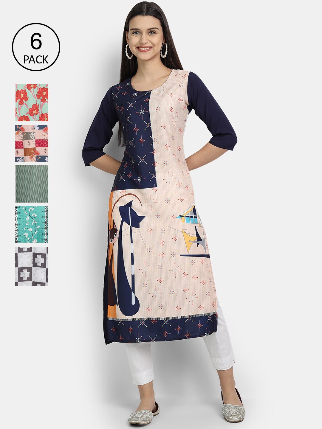

7Threads Women Multicoloured Pack Of 6 Crepe Kurta, Multi