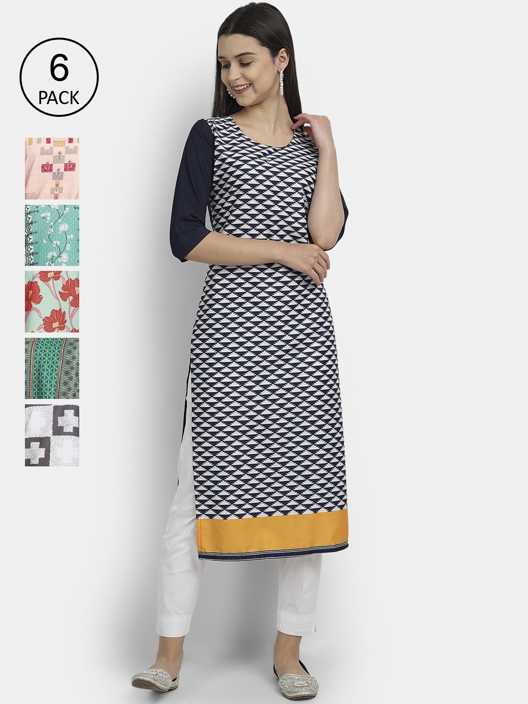 

7Threads Women Pack of 6 Geometric Printed Crepe Kurta, Multi