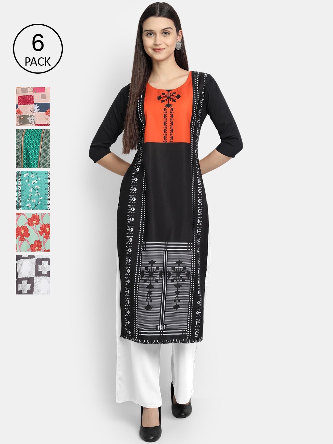 

7Threads Women Pack of 6 Geometric Printed Crepe Kurta, Multi