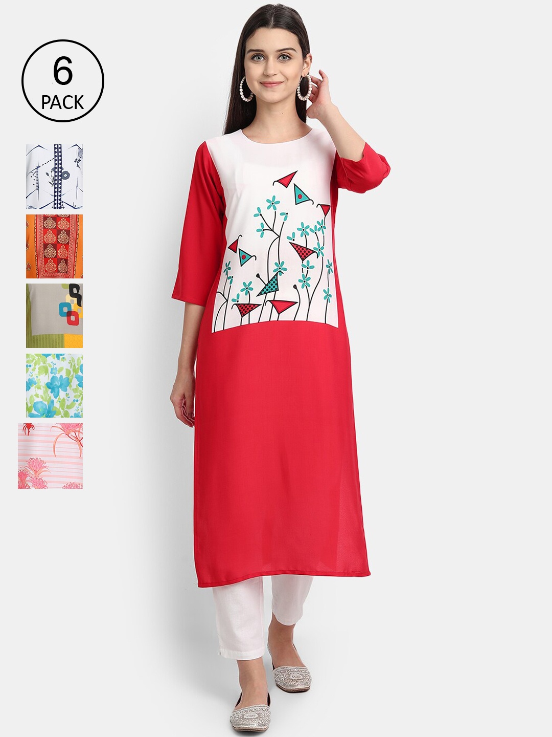 

7Threads Women Pack Of 6 Floral Printed Crepe Kurta, Multi