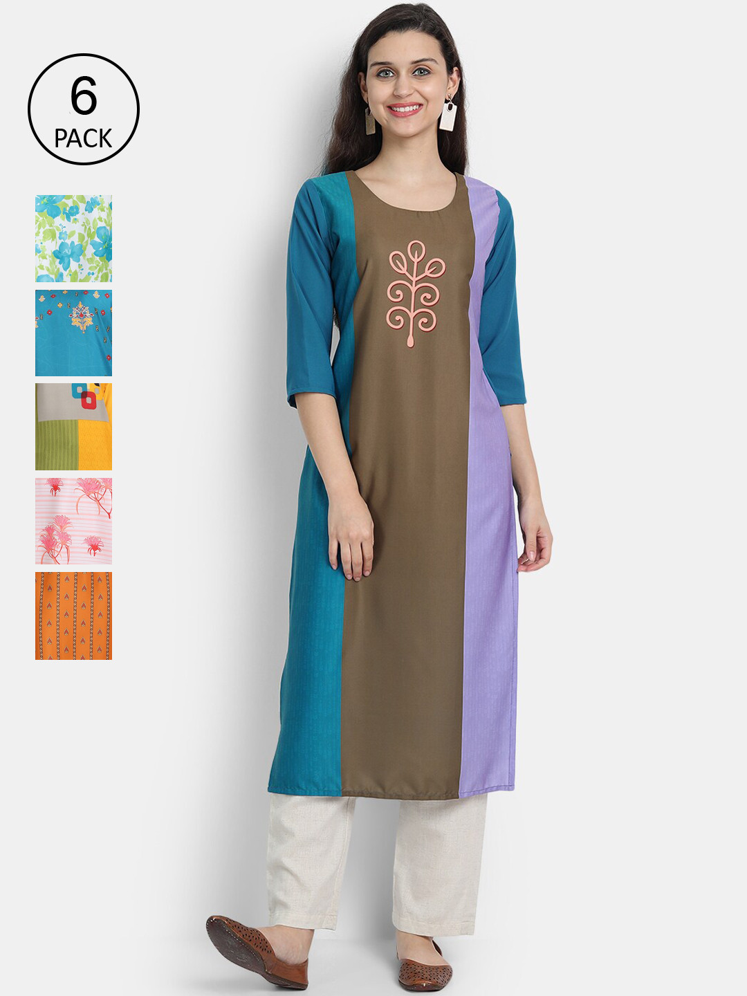 

7Threads Women Pack of 6 Printed Crepe Kurtas, Blue